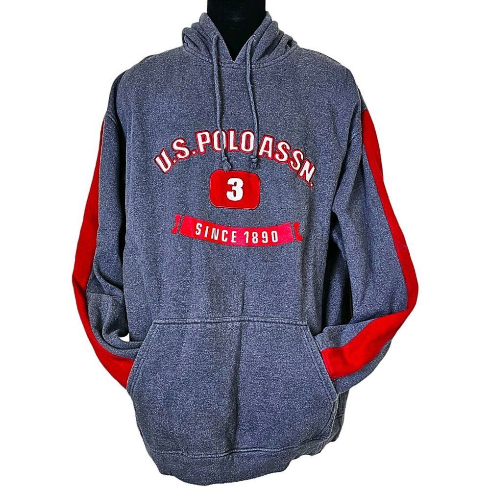 Vintage Men's U.S. Polo Assn. Gray Hoodie Sweatshirt Color Block Sleeve Size 2XL